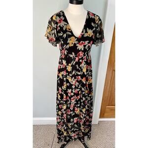 Vtg Black Moody Floral Print Midi Dress SZ SM Fairy Grunge Y2K Event Office